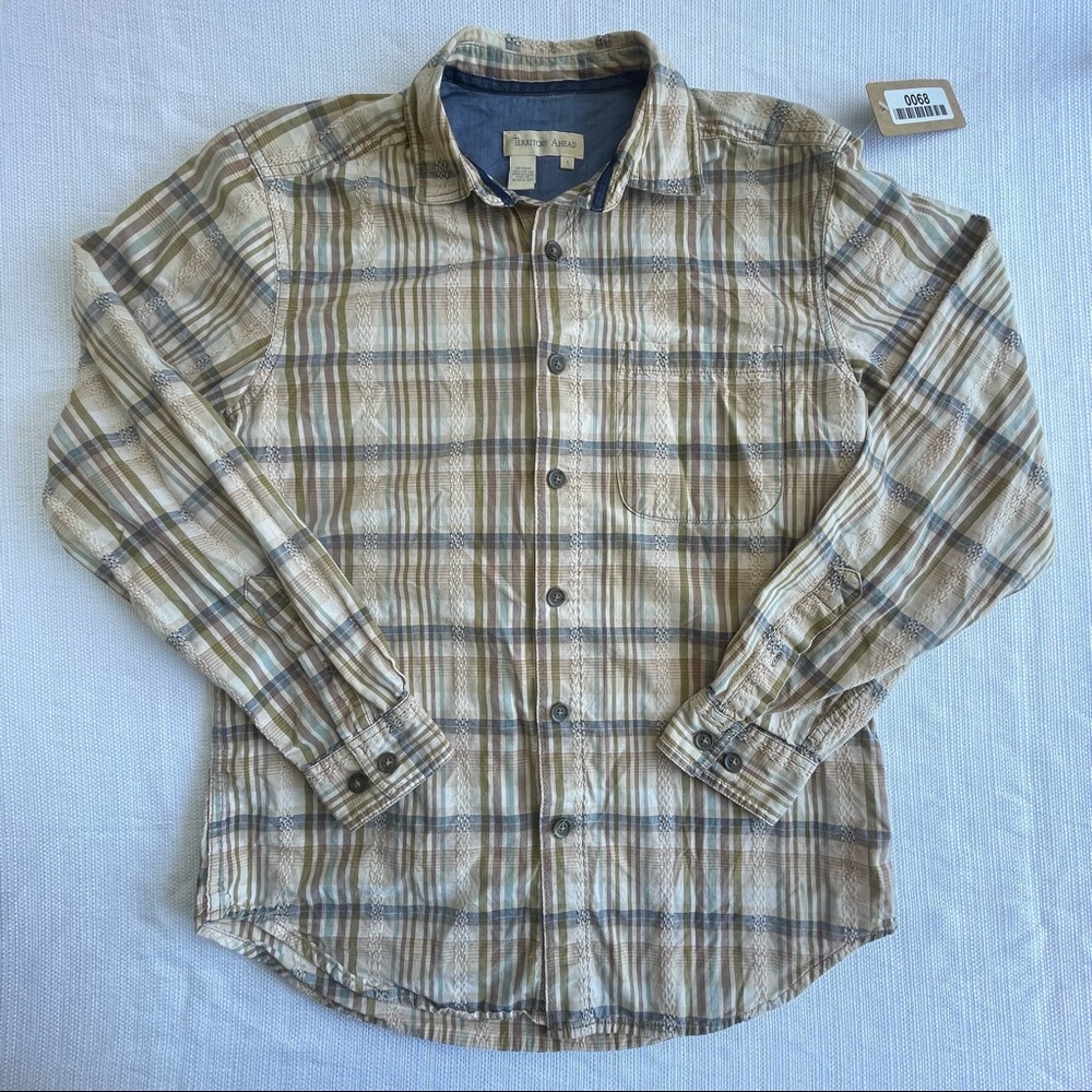 Territory Ahead Men's Small Tan & Blue Plaid Long Sleeve Button Down Shirt #0068